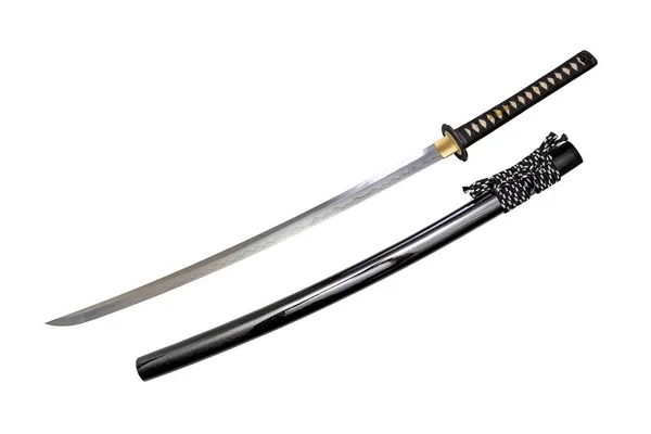 Beyaz Arka Planda Izole Edilmiş Parlak Siyah Kınalı Japon Kılıç — Stok fotoğraf
