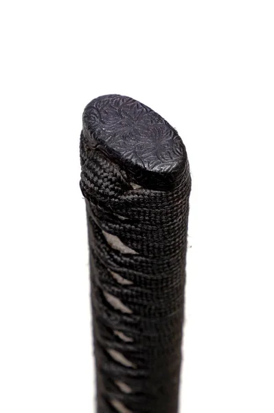 Close Kashira Butt Cap Pommel Made Steel End Black Silk — стоковое фото