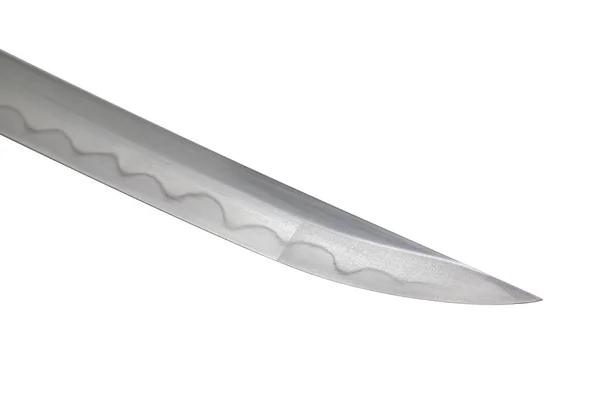 Lâmina Espada Japonesa Fundo Branco Foco Suave Padrão Ondulado Borda — Fotografia de Stock