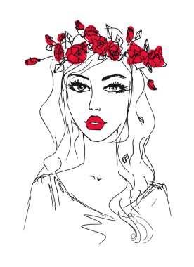 bir kadının saçında çiçekler ile kroki