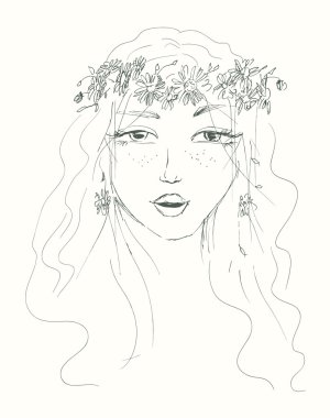 bir kadının saçında çiçekler ile kroki