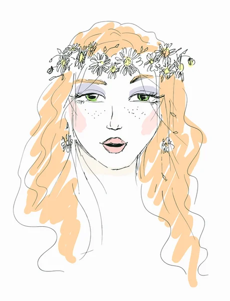 Bir kadının saçında çiçekler ile kroki — Stok Vektör