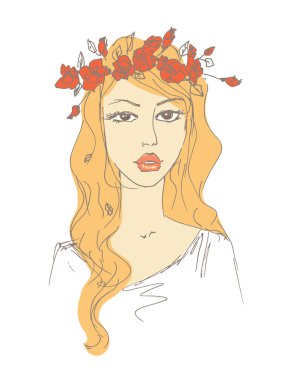 bir kadının saçında çiçekler ile kroki