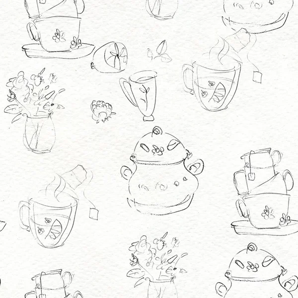 Seamless black and white pattern. Tea drinking illustration. — Stock Photo, Image