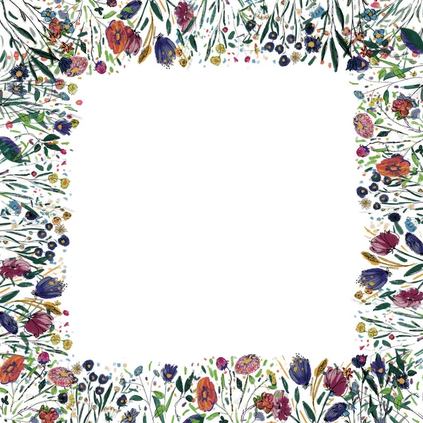 Carte de vœux avec fleurs aquarelles. Cadre floral abstrait. Bordure botanique dessinée à la main. — Photo