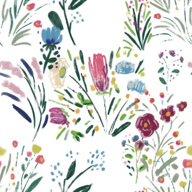 Sulu boya kağıdında kır çiçekleriyle kusursuz desen.