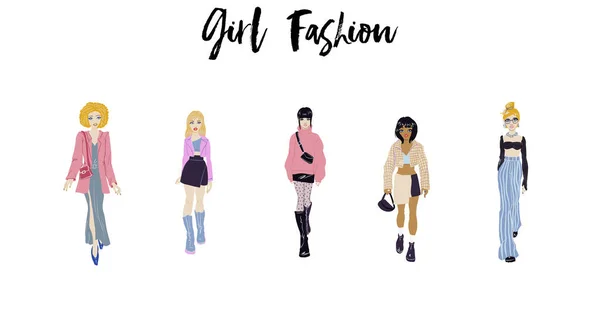 Kolekcja stylowych młodych kobiet ubranych w modne ubrania. Ilustracja mody wektorowej. — Wektor stockowy