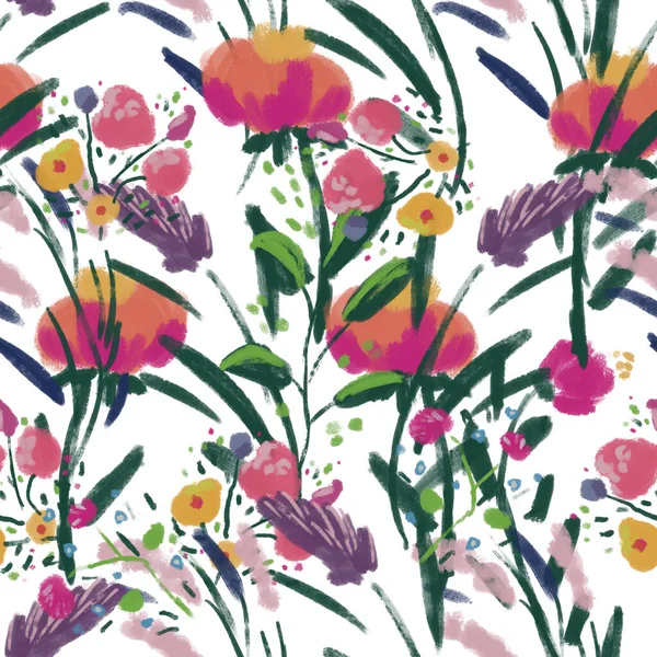 Płynny wzór z dzikimi kwiatami na tle papieru akwarelowego. — Zdjęcie stockowe