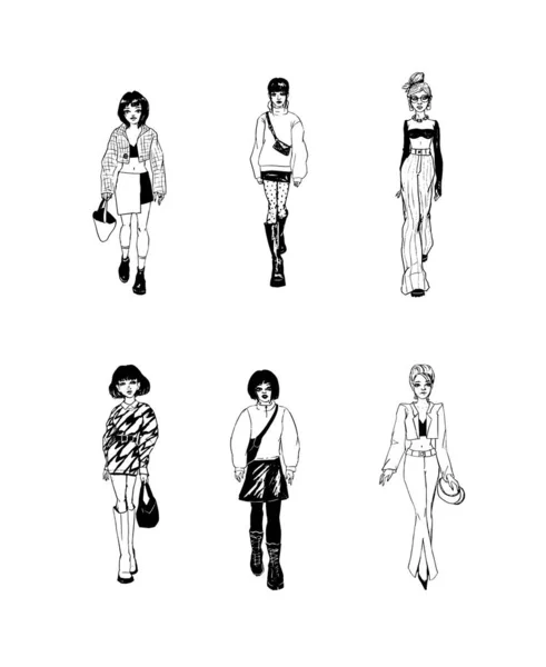 Collection of stylish young women dressed in trendy clothes. Vector fashion black and white illustration. — Stockový vektor