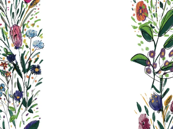 Biglietto di auguri con fiori ad acquerello. Cornice floreale astratta. Bordo botanico disegnato a mano. — Foto Stock