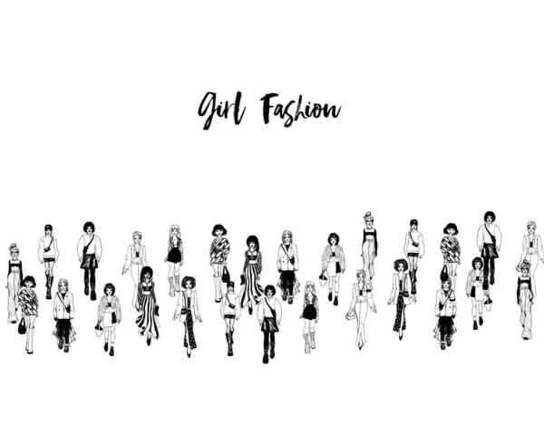 Stílusos fiatal nők divatos ruhákba öltözve. Egy csomó lány. Fekete-fehér illusztráció — Stock Vector