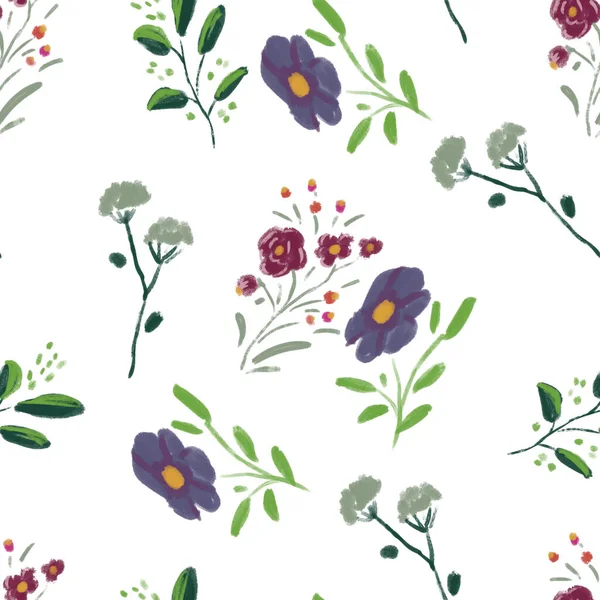 Sömlös mönster med vilda blommor på akvarellpapper bakgrund. — Stockfoto