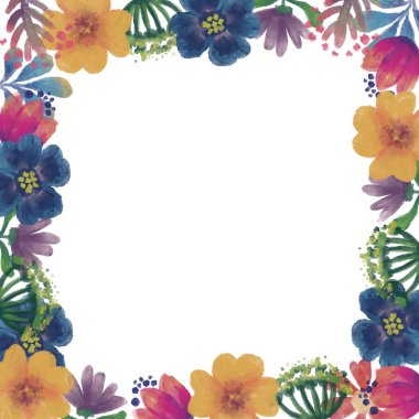 Suluboya çiçekli tebrik kartı. Soyut çiçek çerçevesi. Botanik el çizimi sınır.