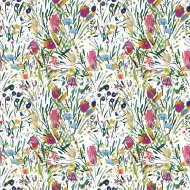 Sulu boya kağıdında kır çiçekleriyle kusursuz desen.