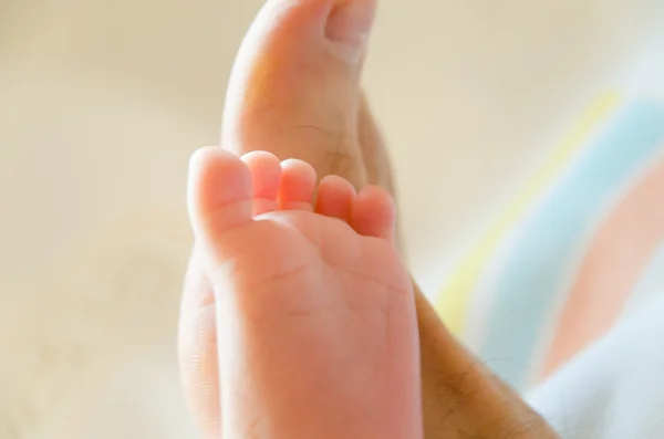 Närbild av en bebis fot tillsammans med hennes fars fot — Stockfoto