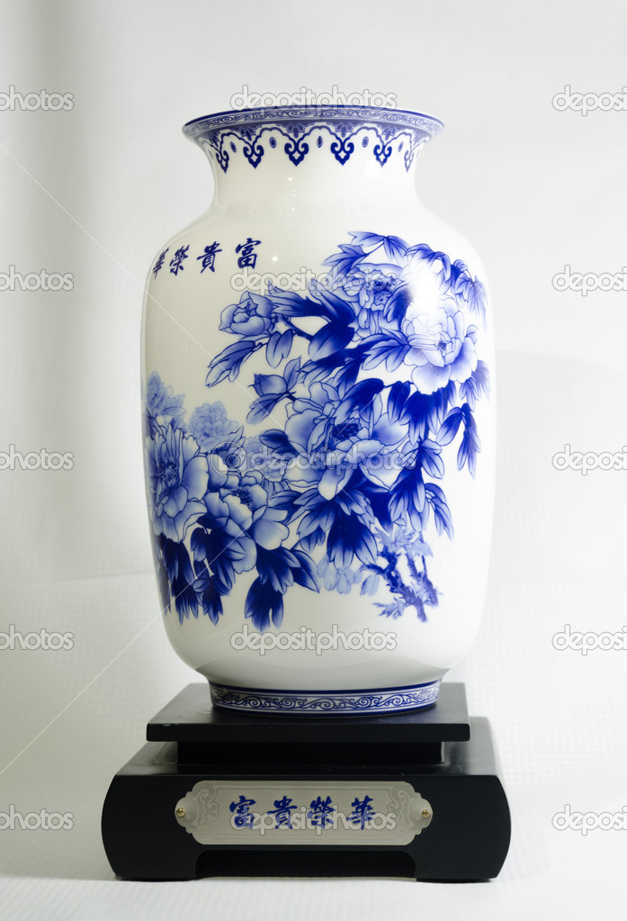 Close-up of blue and white china