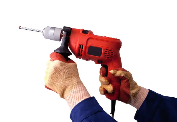 Gloved hands with electric drill — Stock Photo, Image
