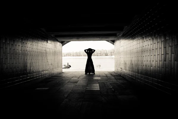 Silhouette of Man Walking in Tunnel. Light at End of Tunnel — Stock ... Silhouette Man Walking Tunnel