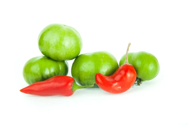 Romanesco brócolis, tomates verdes e pimenta vermelha — Fotografia de Stock