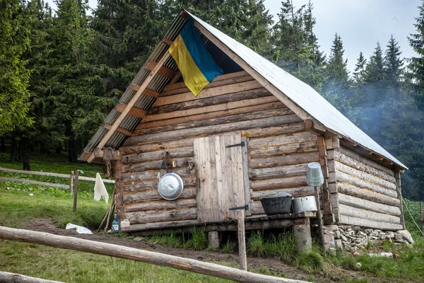 Wooden kolyba hut with a Ukrainian flag — Stock Photo, Image