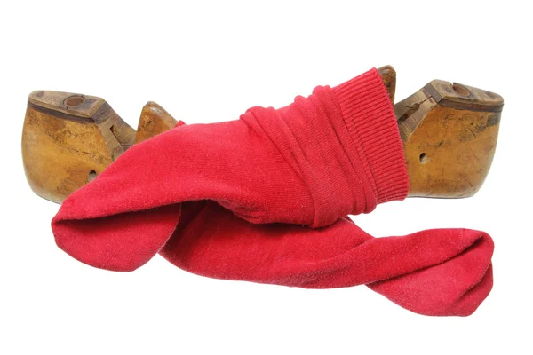 Red Socks on Foot Lasts — Stock Photo, Image