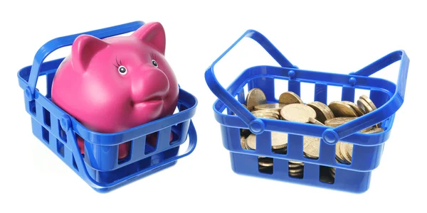 Piggy Bank y monedas en cestas — Foto de Stock