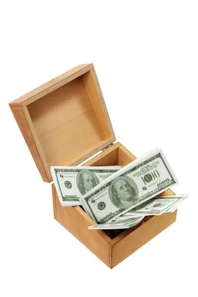 Caja de madera con dinero —  Fotos de Stock