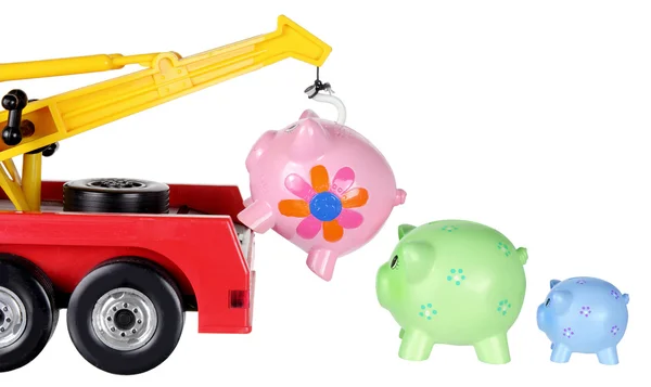 Toy Crane and Piggy Banks — Stock Photo, Image