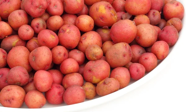 Petites pommes de terre rouges sur un bol sur fond blanc — Photo