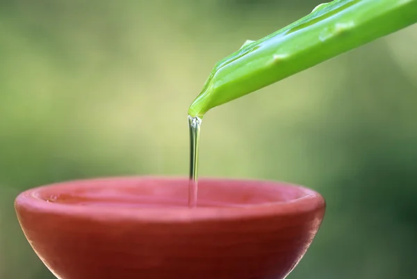 Falling aloe vera extract on a brown bowl — Stock Photo, Image