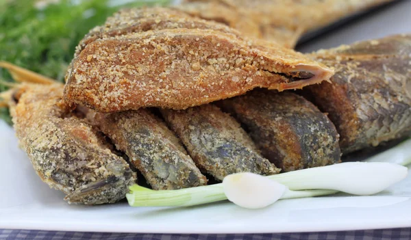 Closeup nevařené konzervované ilish ryb se zeleninou — Stock fotografie