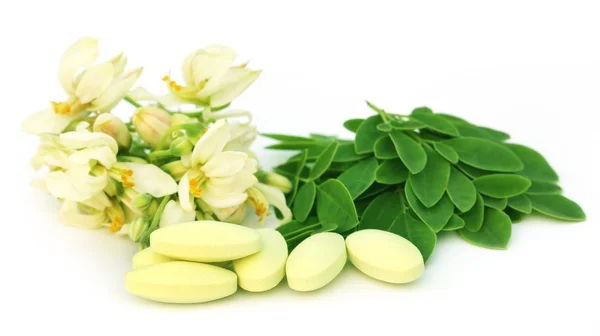 Moringa leaves and flower with pills — Stock Photo, Image