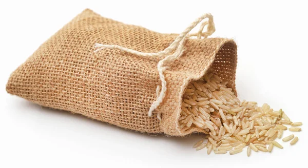 Uncooked Brown Rice Sack Bag White — Stock Photo, Image