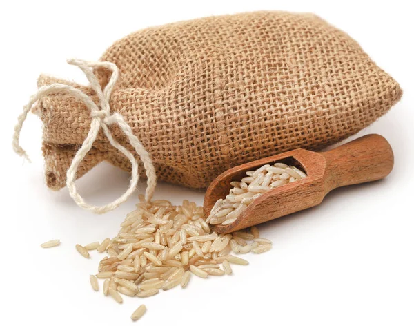 Uncooked Brown Rice Sack Bag White — Stock Photo, Image