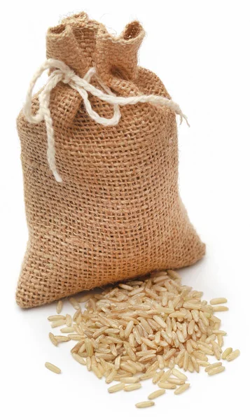 Uncooked Brown Rice Sack Bag White — Stock Photo, Image