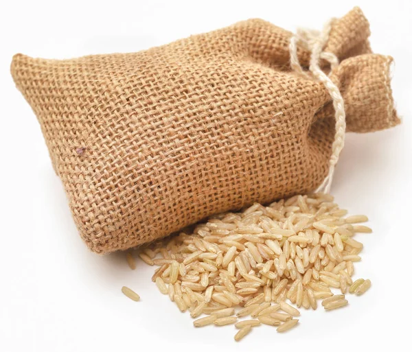 Uncooked Brown Rice Sack Bag White — Stock Photo, Image