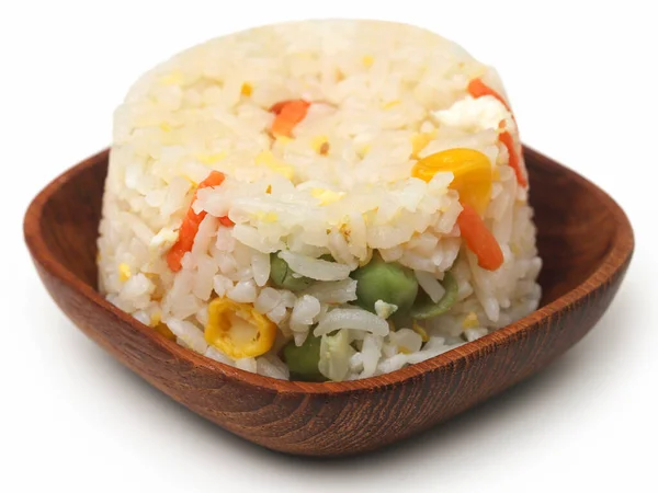 Fried Rice Wooden Bowl White Abckground — стоковое фото