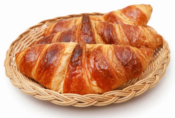 Closeup Tasty Croissant Basket White Background — 스톡 사진