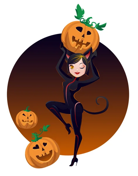 Halloween cat girl with pumpkins — Stock Vector