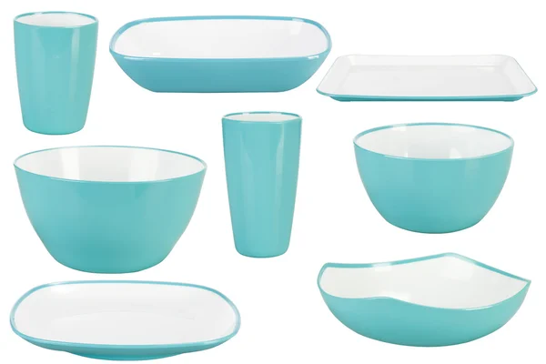 Blue plastic dishes on white background — Stock Photo, Image