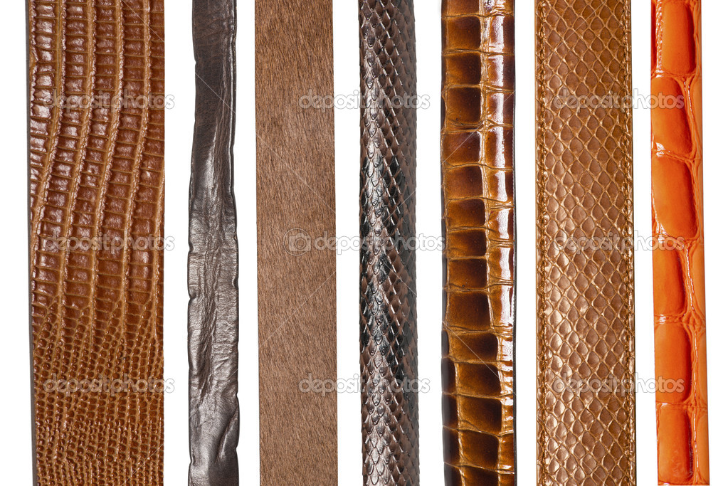 Closeup of various leather belts
