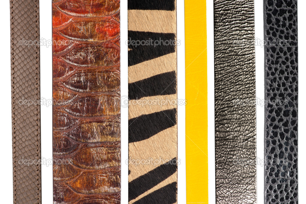 Closeup of various leather belts