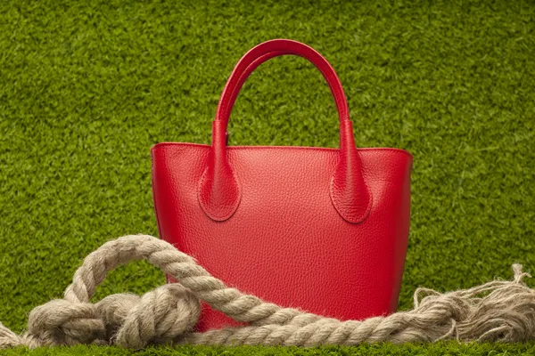 Red purse on green grass — Stock Photo, Image