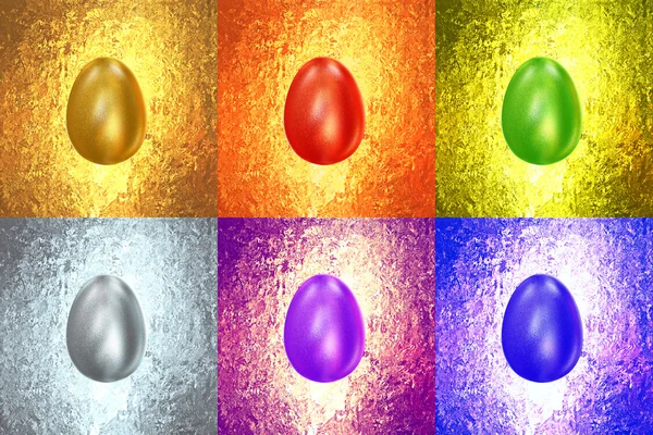 Huevos de Pascua de diferentes colores brilla en dorado fondo vintage —  Fotos de Stock