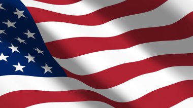 ABD bayrağı rüzgarda dalgalanıyor. Kırmızı ve beyaz çizgili ABD bayrağı ve yakın çekimin mavi kısmında yıldızlar. Güzel Amerikan Bayrağı. 3d vektör arkaplan illüstrasyonu