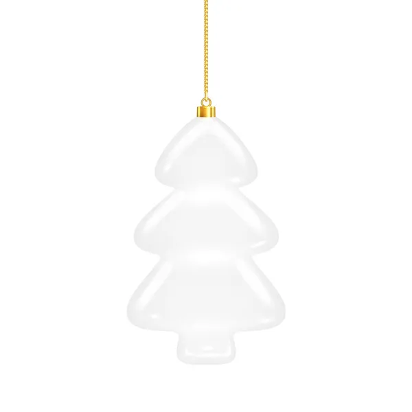 白いクリスマスツリー 白色の背景に孤立した磁器のフィギュア クリスマスのおもちゃは金の鎖にかかっている クリスマスの装飾 現実的なベクトルオブジェクト — ストックベクタ