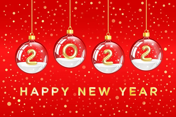2022年あけましておめでとうございます 中に雪とゴールド番号2022と透明なガラスクリスマスボールをぶら下げています 赤の隔離だ 休日のポスター バナー カバー 現実的な3Dベクトル図 — ストックベクタ