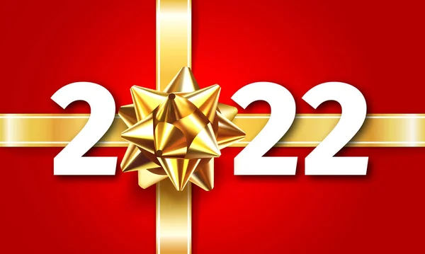 2022年ゴールデンギフト弓と番号2022年ハッピー新年ベクトルの背景 祭りのパーティーの装飾 クリスマスはデザインを祝う 現実的な3Dベクトル図 — ストックベクタ