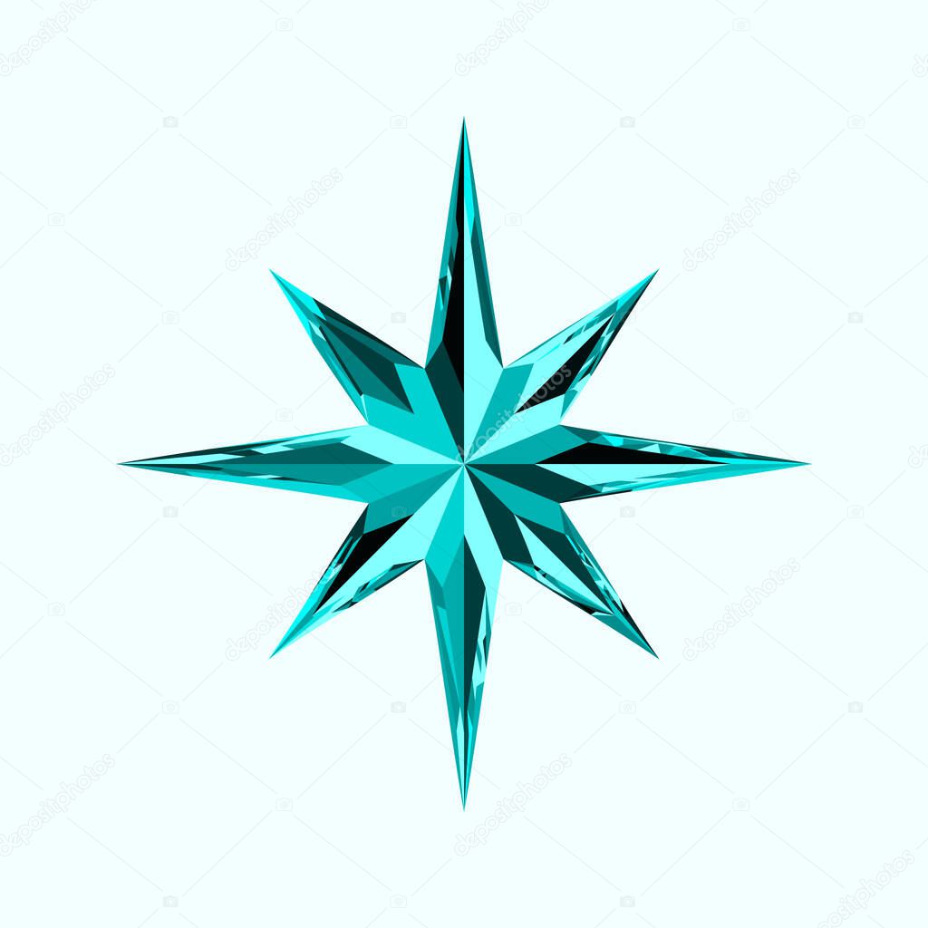 Turquoise Crystal Eight Pointed Star. Beautiful blue geo sign icon, wind rose, Christmas Star. Decor for Greeting Cards, Christmas tree, Banners, Posters, Invitations, Birthdays, Awards. Vector