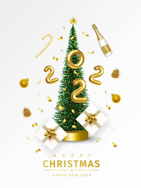 Feliz Natal Feliz Ano Novo 2022 Champanhe Cones Pinheiro Doce —  Vetores de Stock